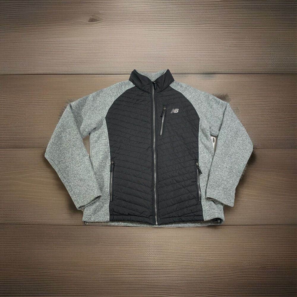 New Balance Quilted Sweater Jacket Mens Large Black Heather Gray Full Zip Pocket